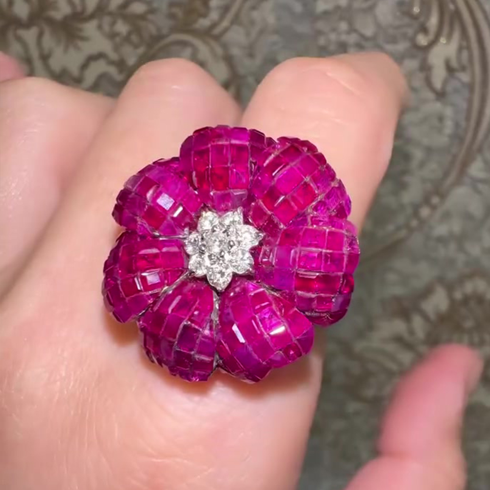 Flower Design 9.6ct Ruby&White Sapphire Cocktail Ring