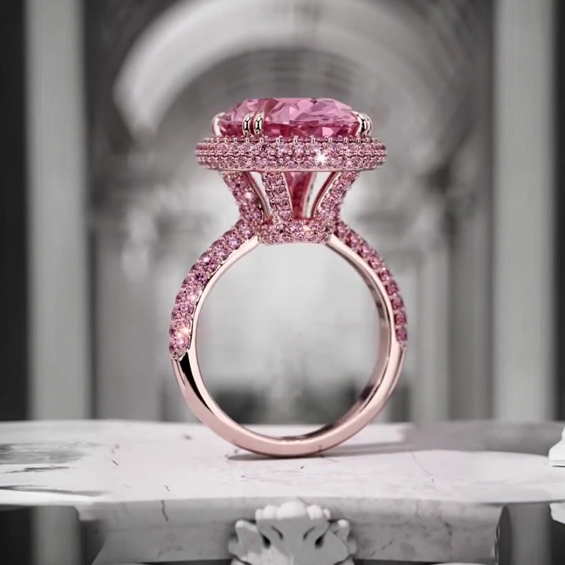 Pink Halo 4ct Oval Cut Pink Sapphire Engagement Ring