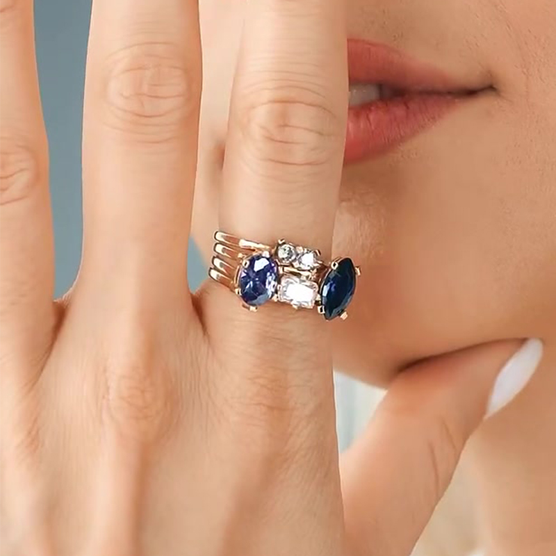 Blue Sapphire Oval, Radiant, Marquise & Round Cut Engagement Ring Set / 4-Piece