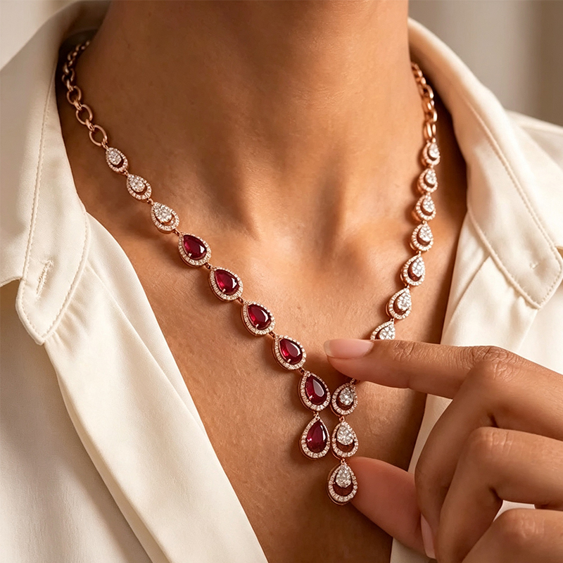 Fashion Pear Cut Red & Round Cut White Sapphire Two Tone Necklace