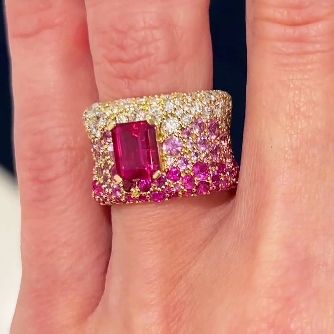 4.5ct Emerald Cut Pink Sapphire Pave Setting Wedding Band