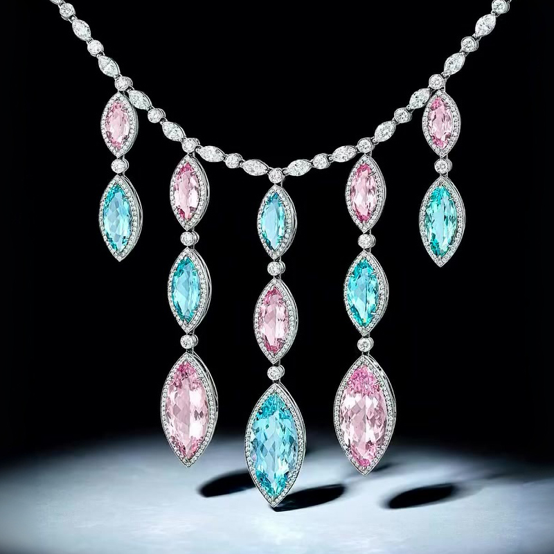 Marquise Cut Pink & Aquamarine Cascading Fringe Statement Necklace