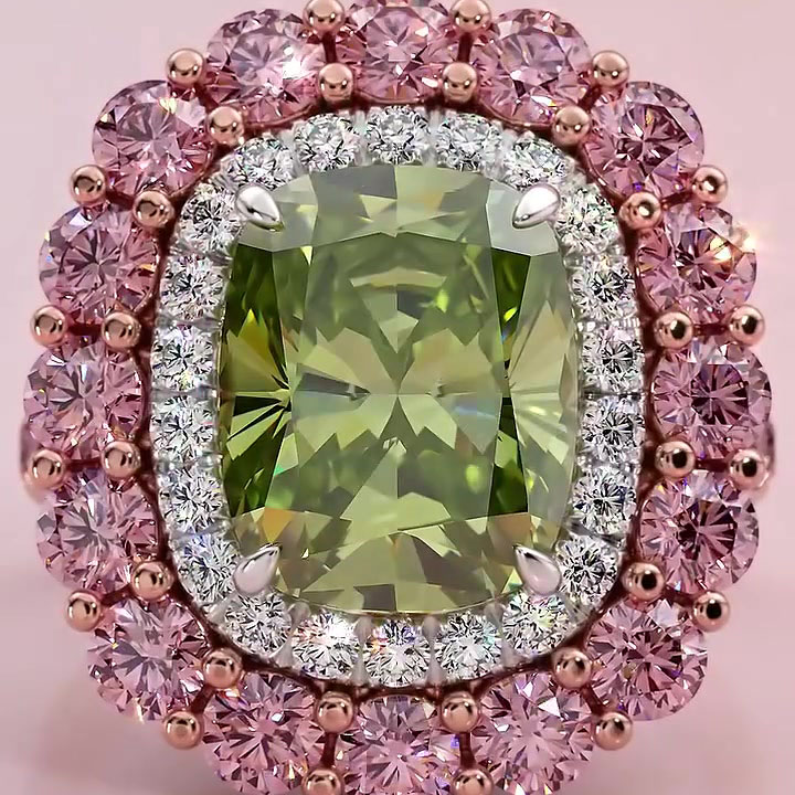 Double Halo 4ct Cushion Cut Peridot Sapphire Engagement Ring