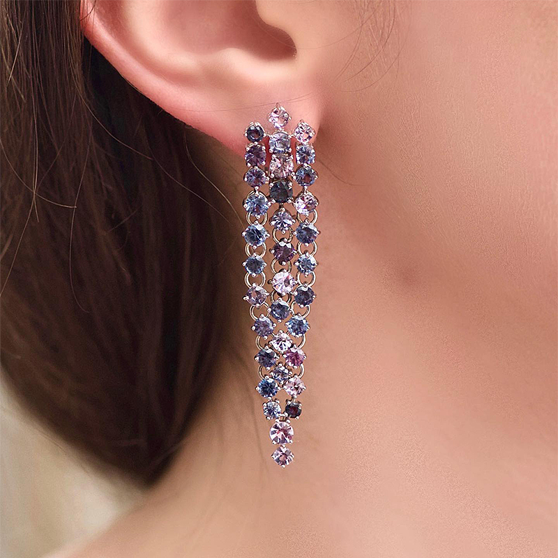 Round Cut Lavender & Indigo Sapphire Silver Threader Drop Earrings