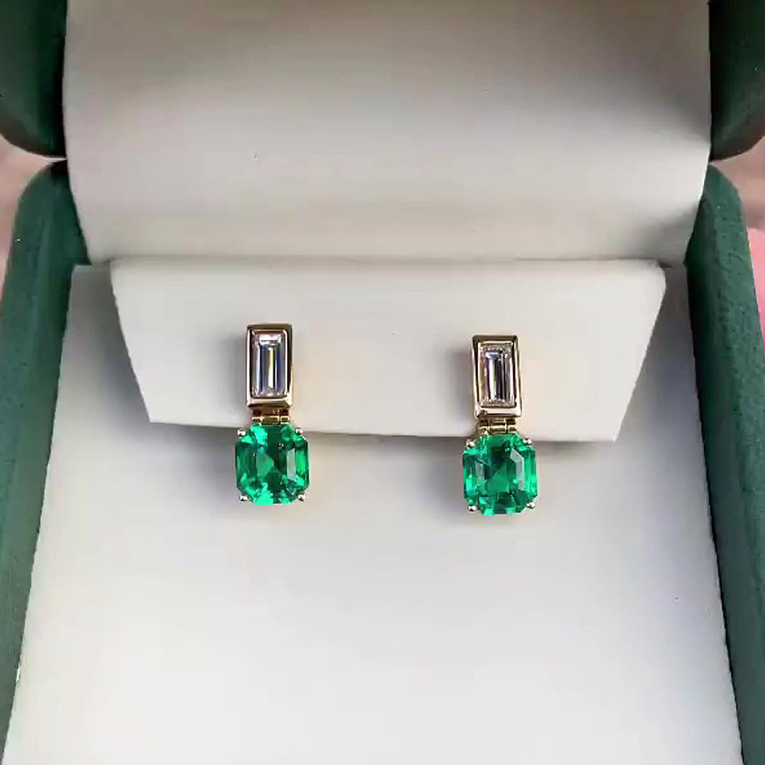Emerald&Asscher Cut White&Emerald Sapphire Drop Earrings