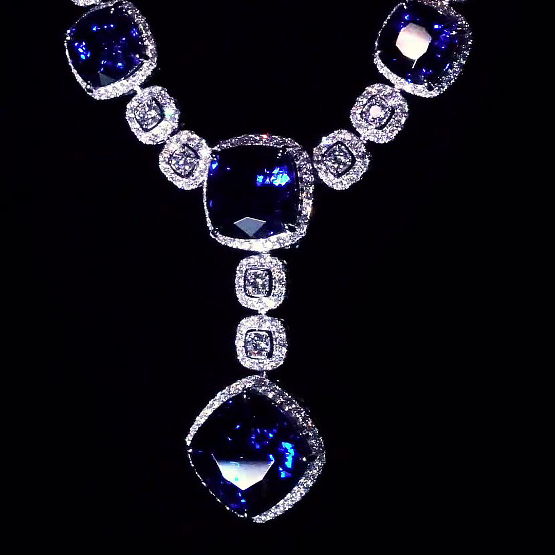 Cushion Cut Blue Sapphire Necklace&Earrings Set/2pcs