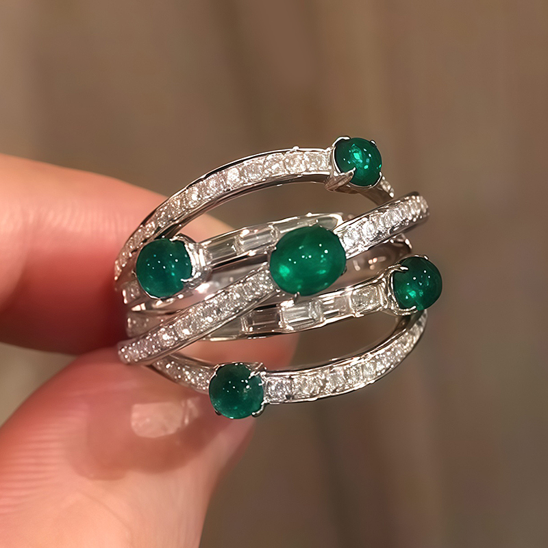 Twisted Pave Emerald & White Sapphire Cabochon & Baguette Cut Multi-Band Statement Ring