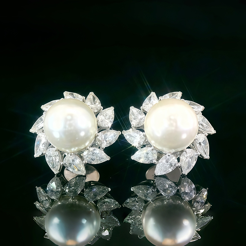 Pear Cut White Sapphire Pearl Stud Earrings