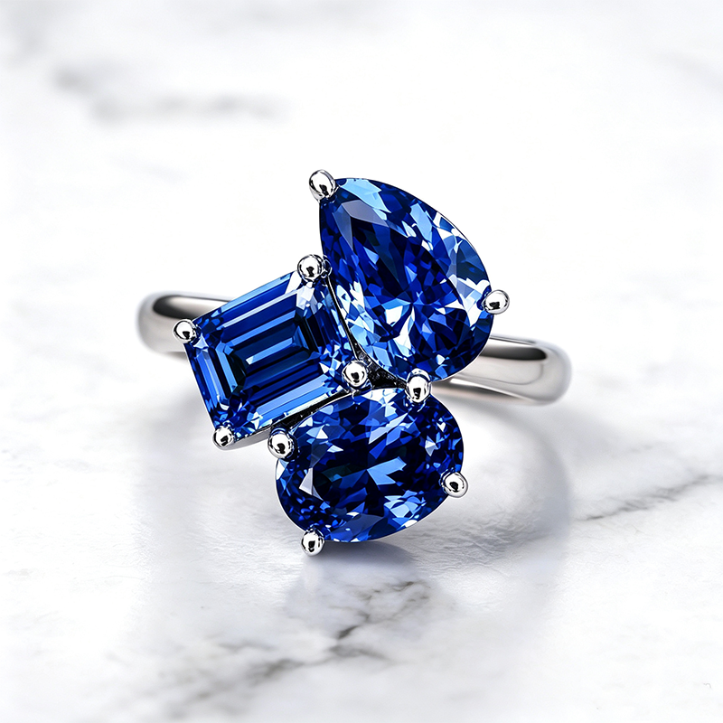 Fashion Multi-Cut Three Stone Blue Sapphire Engagement Ring