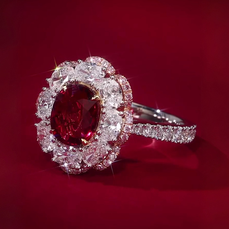 Romantic Floral 3ct Oval Cut Vivid Red Ruby & White Sapphire Statement Ring