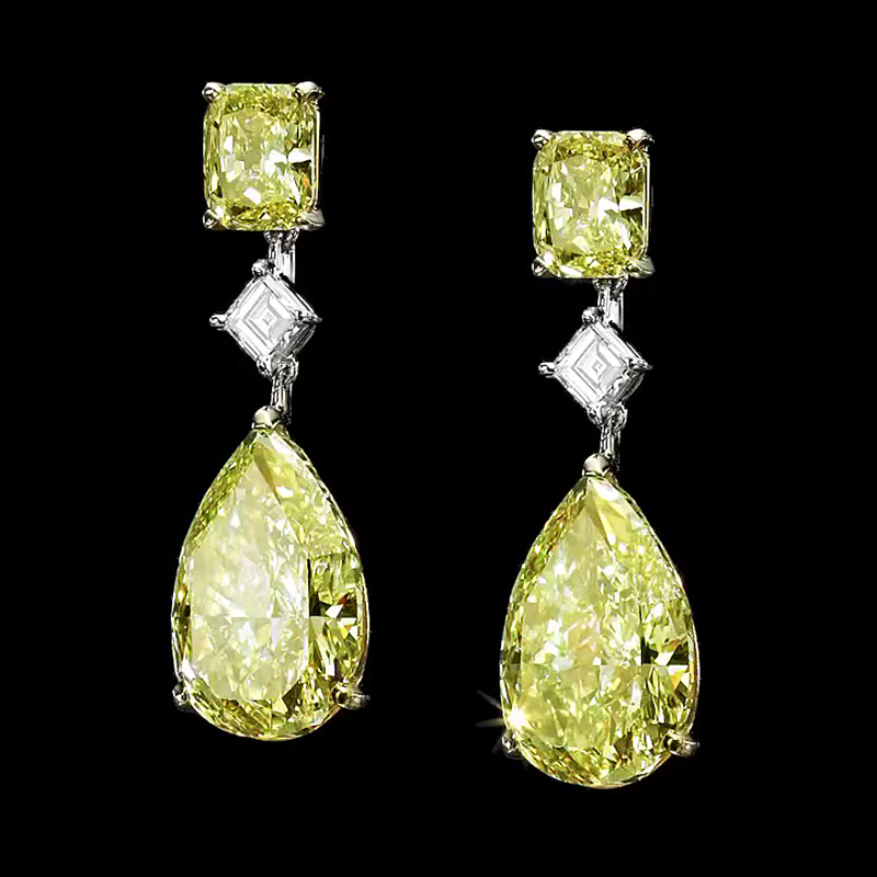 Cushion & Pear Cut Yellow & White Sapphire Drop Earrings