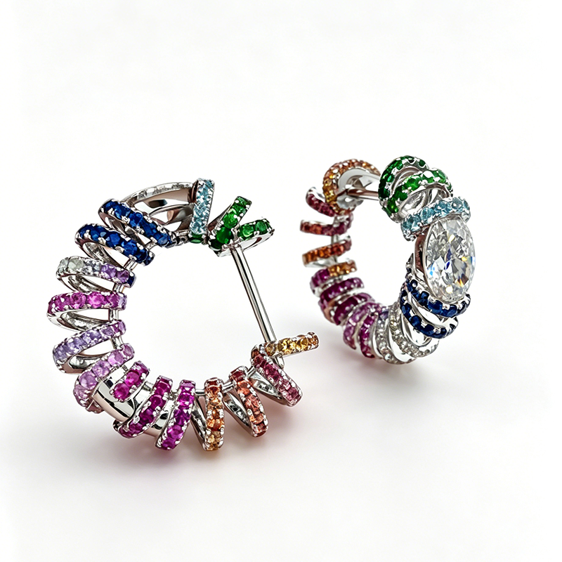 Oval Cut White & Round Cut Multicolor Sapphire Rainbow Twist Hoop Earrings