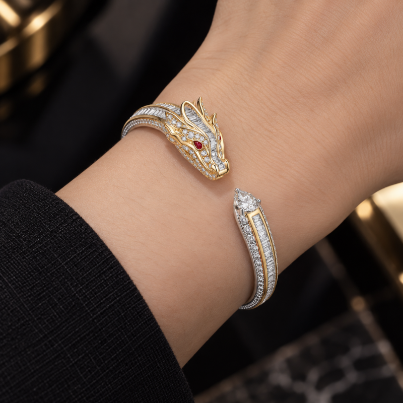 Art Multi-Cut White & Ruby Sapphire Two-Tone Dragon Open Cuff Unisex Bracelet