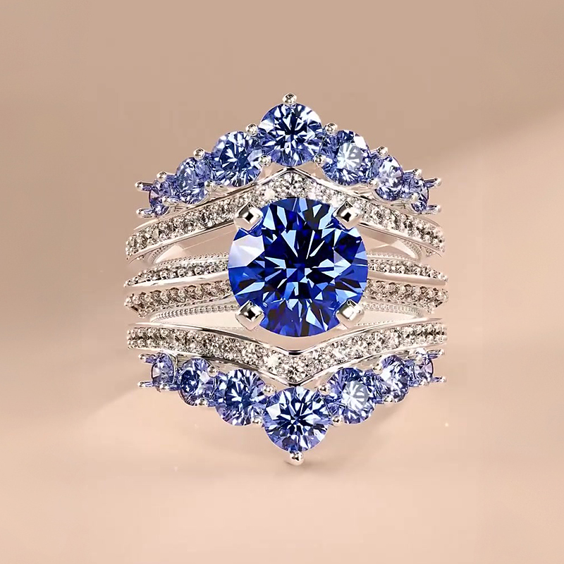 Dramatic Regal 3ct Round Cut Blue Sapphire Ring Set / 2 pieces