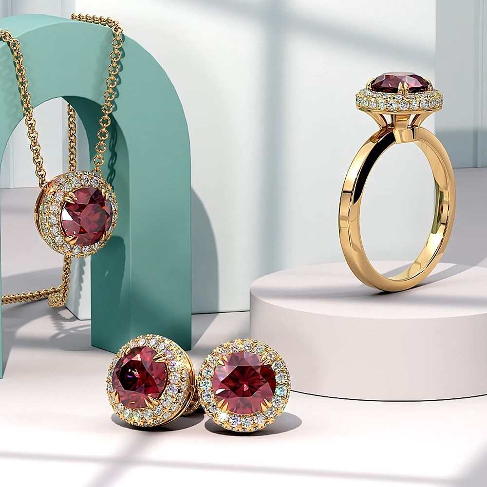 Round Cut Garnet & White Sapphire Wedding Set / 3-Piece