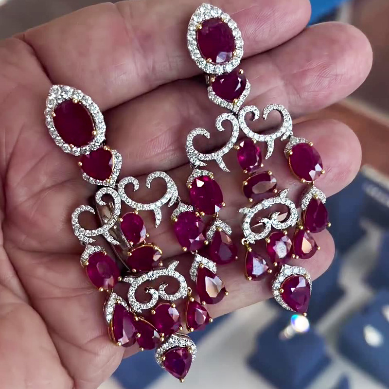 Luxury Oval&Pear Cut Ruby Sapphire Drop Earrings