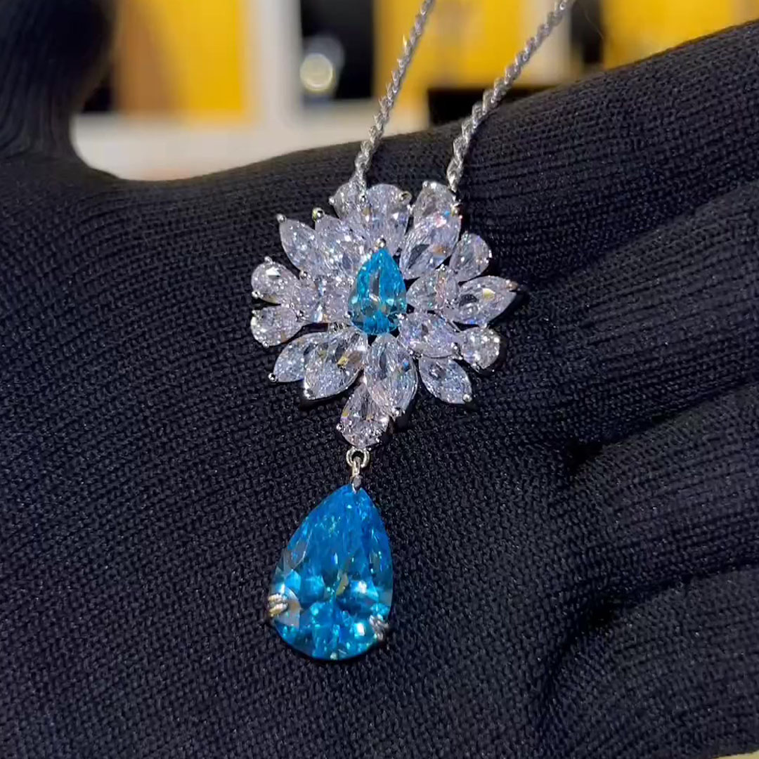 Two-tone Pear&Marquise Cut Aquamarine&White Sapphire Pendant
