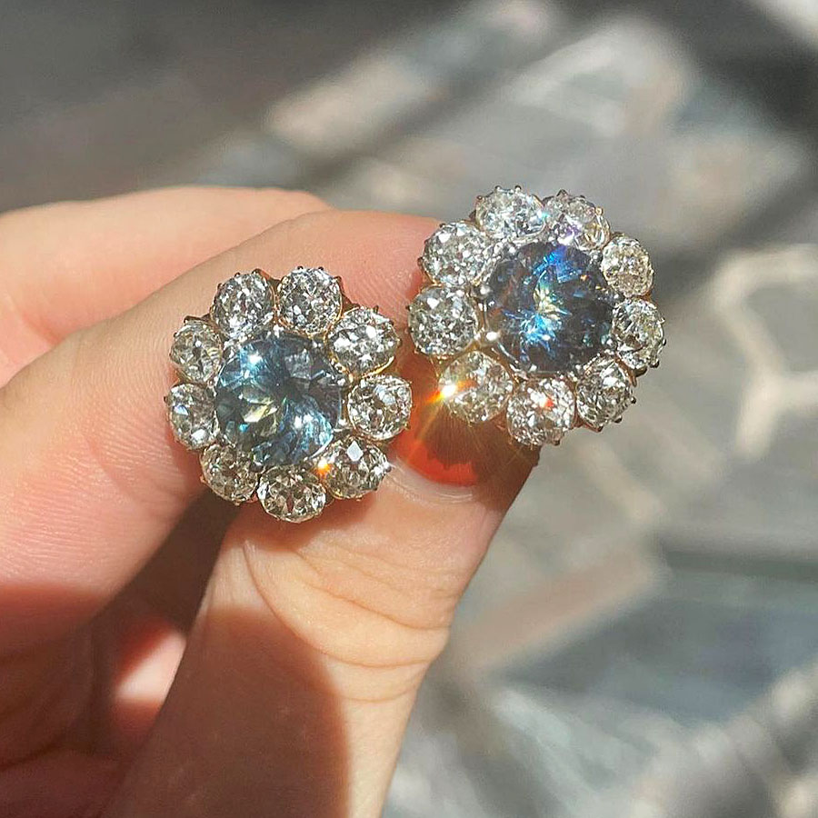 Round Cut Aquamarine Sapphire Stud Earrings