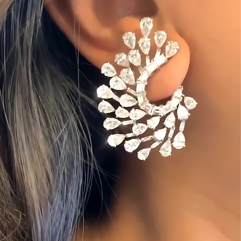 Peacock Feather Pear Cut White Sapphire Hoop Earrings