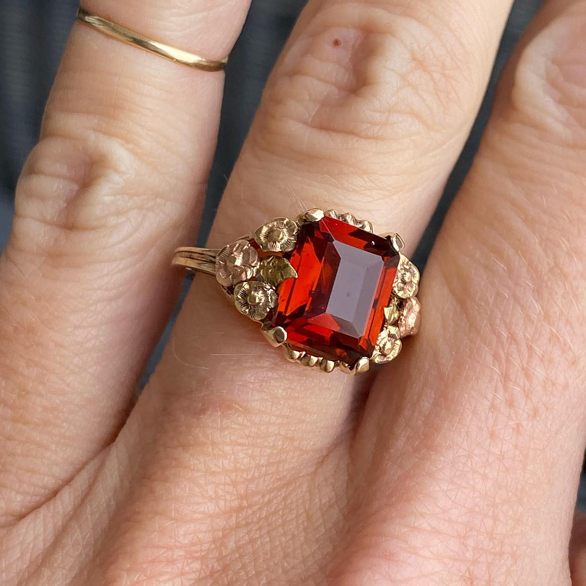 Vintage Floral 4ct Emerald Cut Garnet Sapphire Engagement Ring