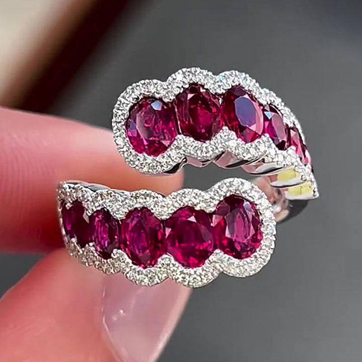 6.2ct Open Design Oval Cut Ruby Sapphire Eternity Ring