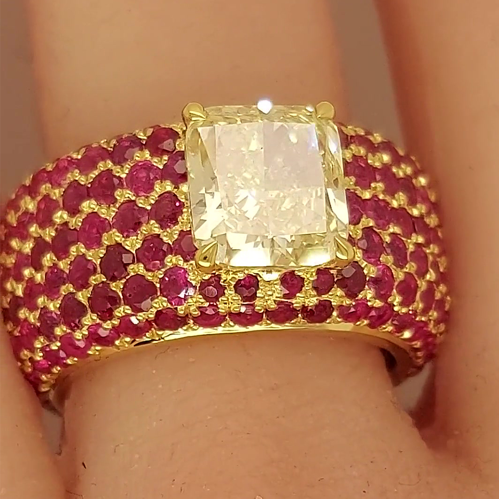 7ct Radiant Cut Fancy Yellow Sapphire Ring &Ruby Paved