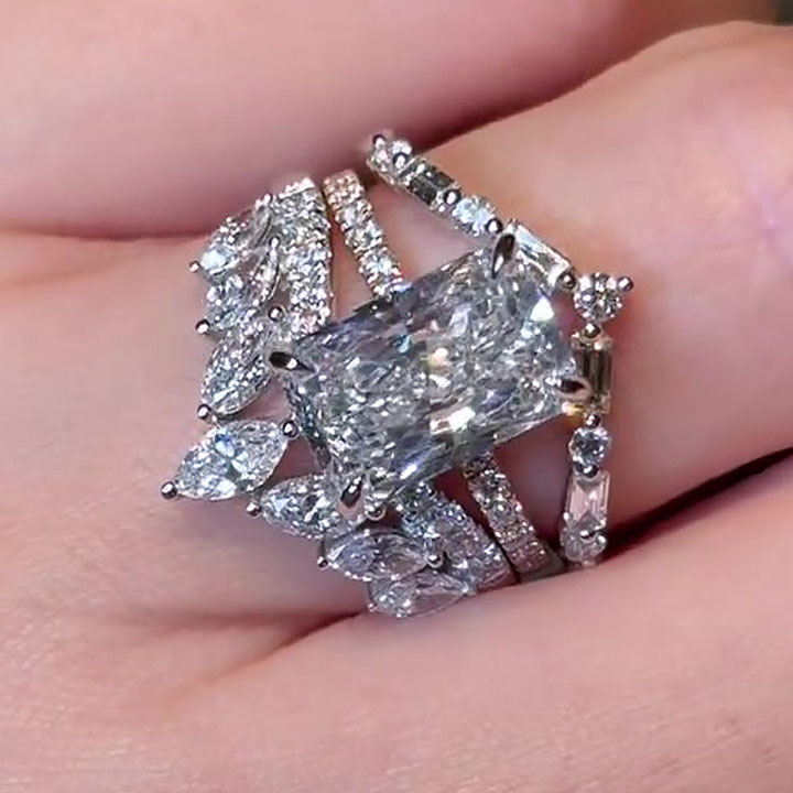 4ct Art Deco Emerald Cut White Sapphire Wedding Set/3pcs