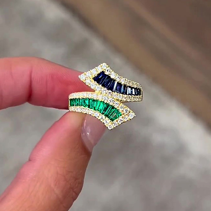 5.75ct Tapered Baguette Cut Green&Blue Sapphire Eternity Ring