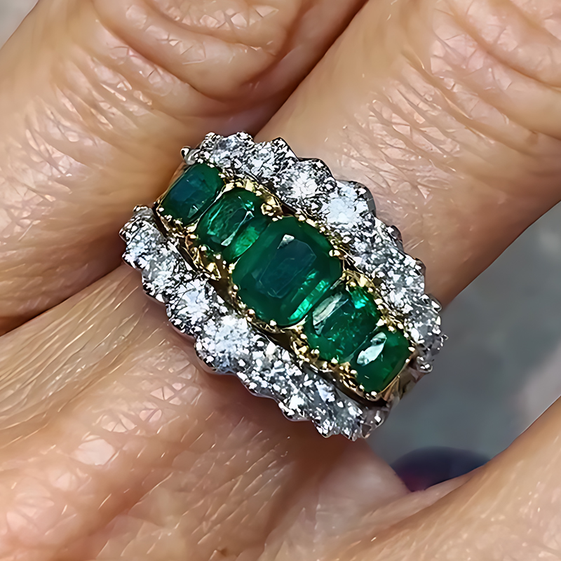 Vintage Emerald Step Cut & Diamond Two-Tone Gold Eternity Band