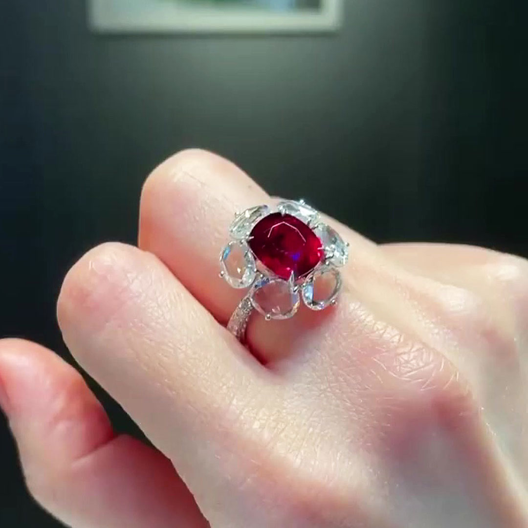 Floral Design 5ct Cushion Cut Ruby Sapphire Engagement Ring