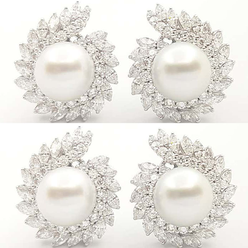 Art Deco Pearl&White Sapphire Stud Earrings