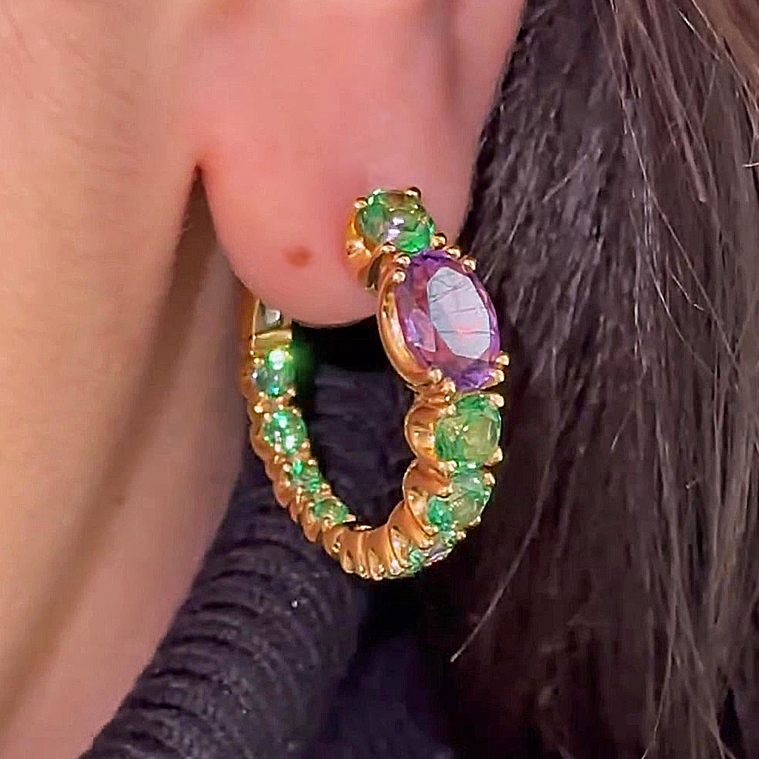 Oval&Round Cut Amethyst&Emerald Sapphire Hoop Earrings
