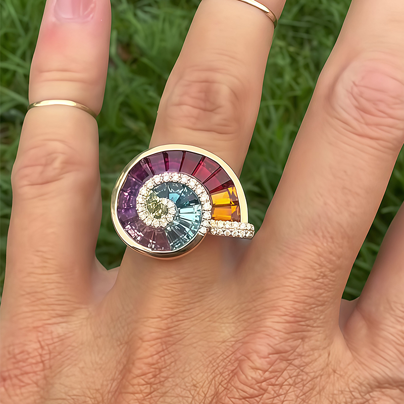 Ammonite Motif Rainbow Sapphire Baguette Cut Statement Band for Men / Women