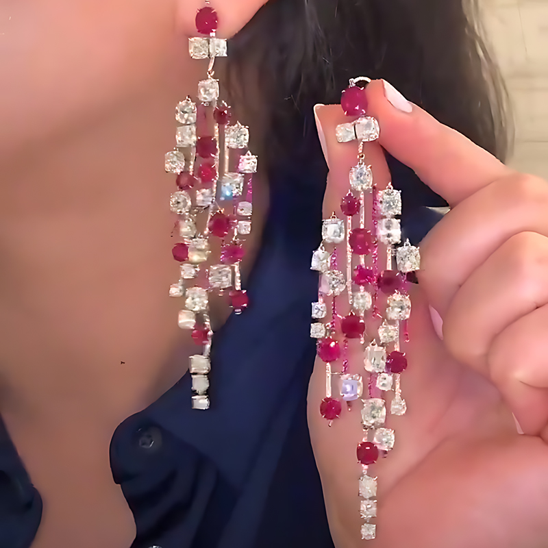 Ruby & White Sapphire Multi-Tier Chandelier Earrings
