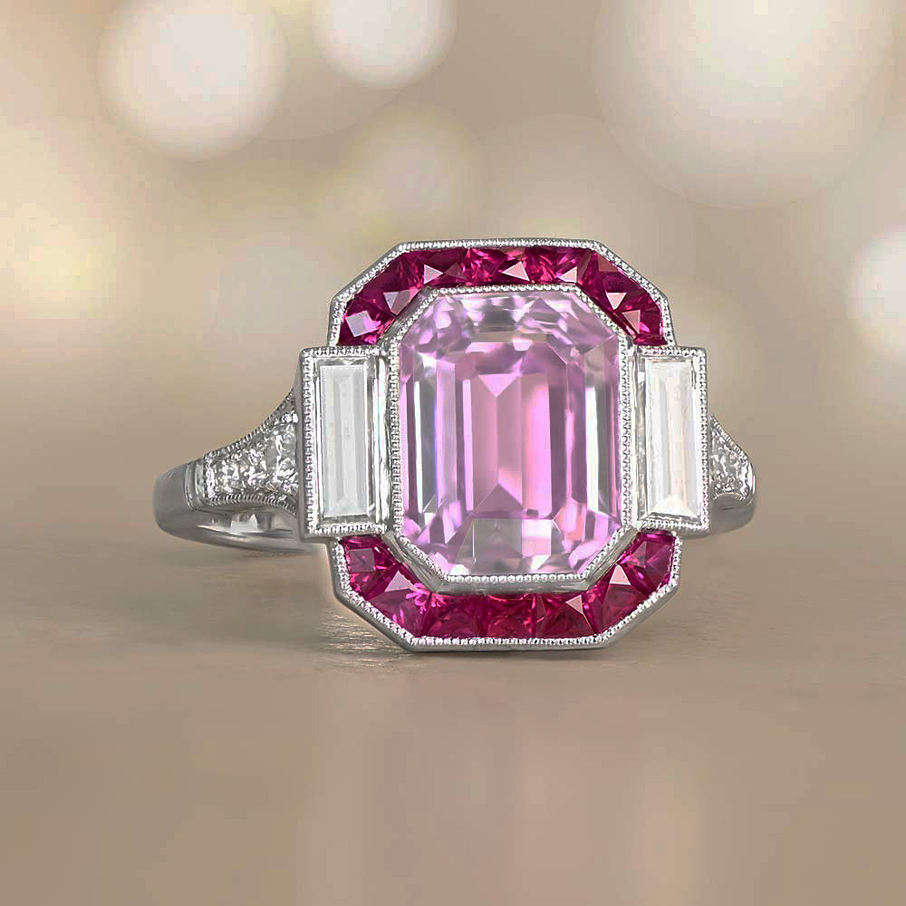 4.18ct Halo Emerald Cut Pink Sapphire Engagement Ring