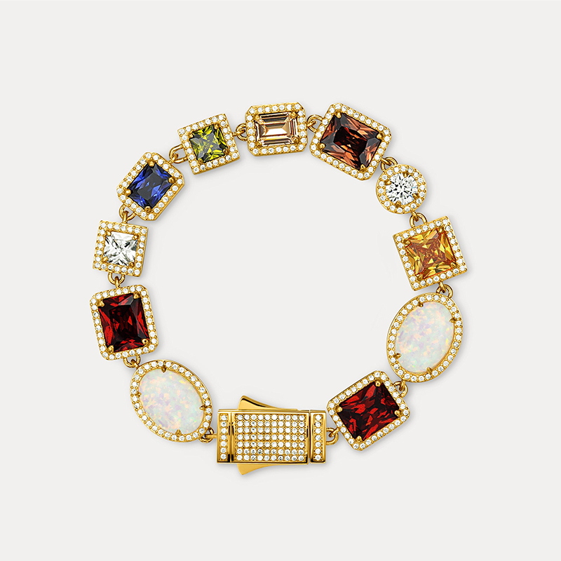 Art Deco Multi Cut Colored Gemstone Two Tone Men's Bracelet