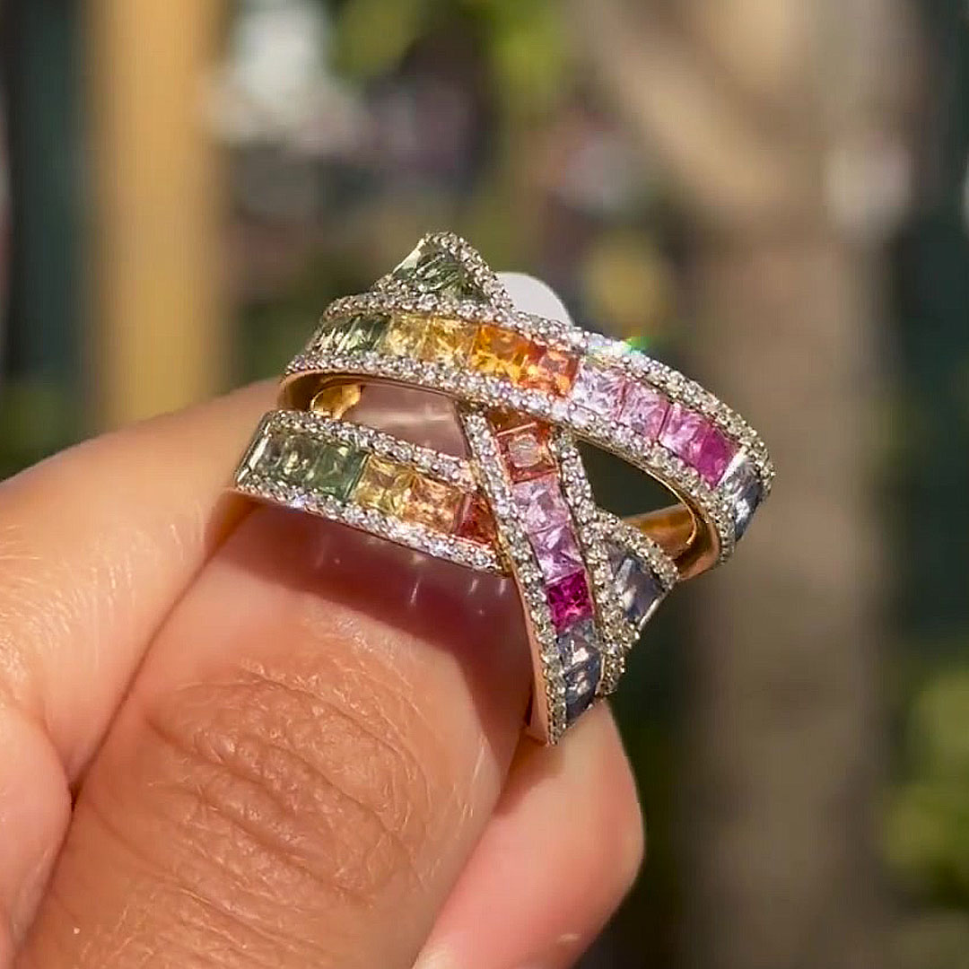 6.2ct Princess Cut Rainbow Sapphire Wedding Band
