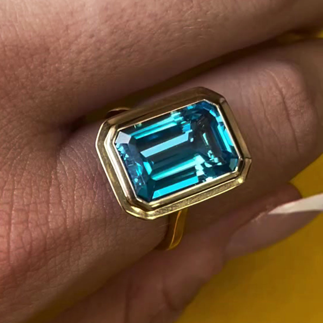 6ct Bezel Setting Emerald Cut Aquamarine Sapphire Engagement Ring