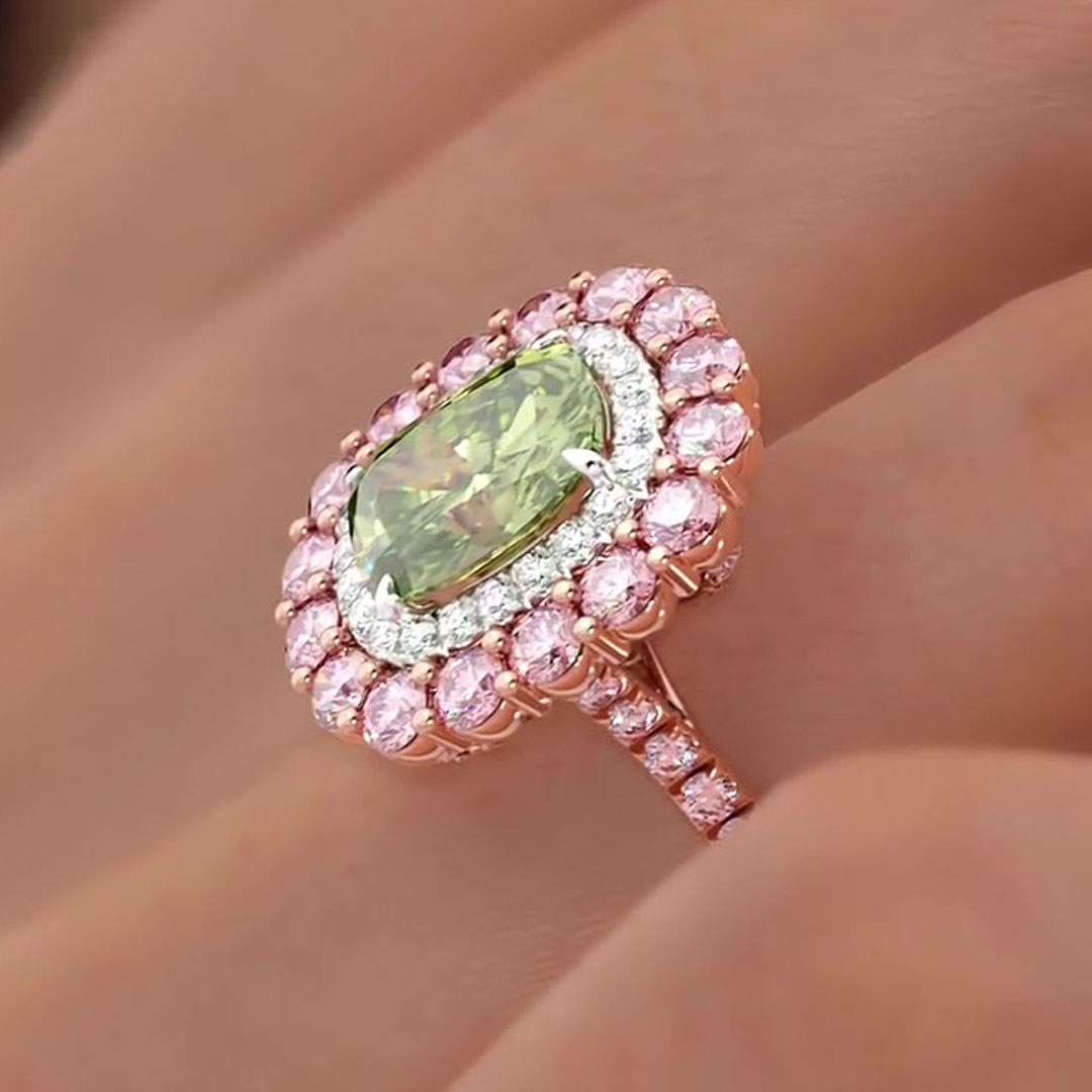 Double Halo 4ct Cushion Cut Peridot Sapphire Engagement Ring