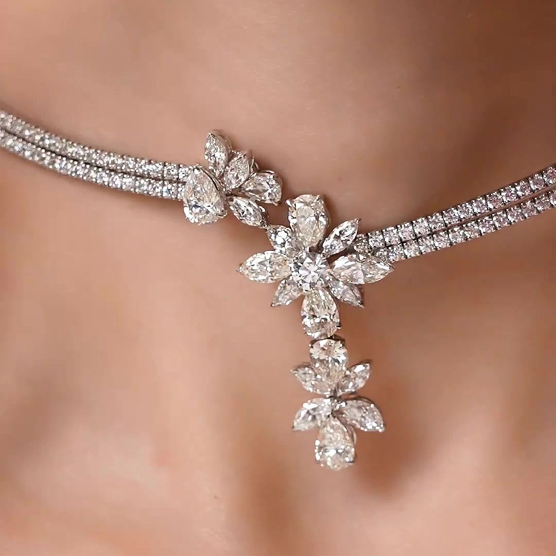 Art Deco White&Blue Sapphire Necklace&Earrings Set/2pcs