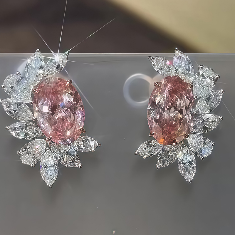 Halo Pink Sapphire Oval Cut Stud Earrings