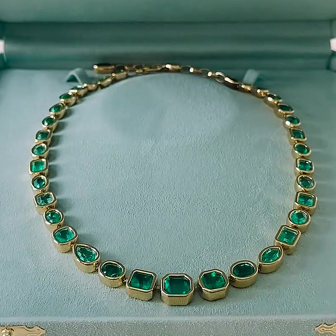 Bezel Setting Multi Cut Emerald Sapphire Necklace