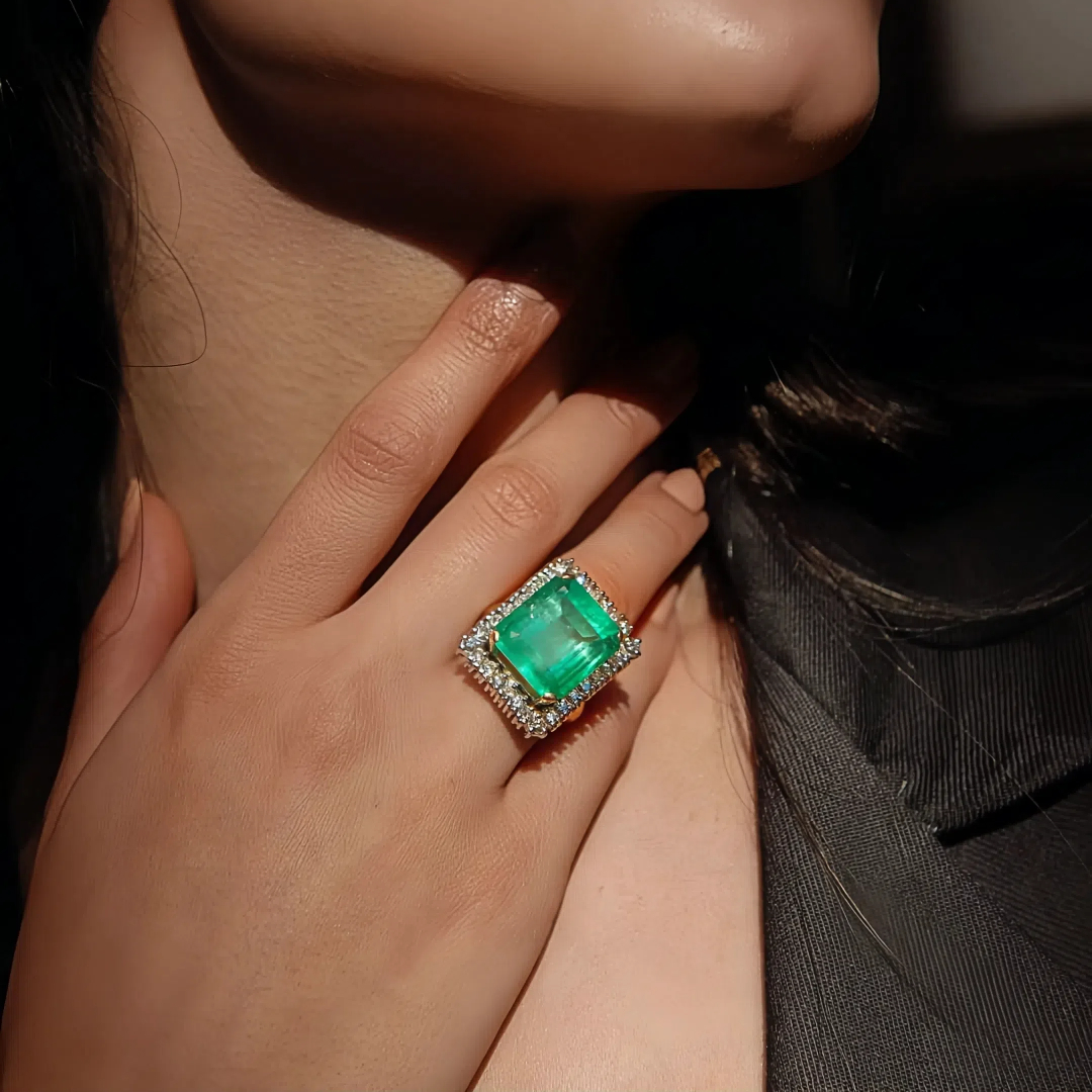 Under Halo 10ct Emerald Cut Emerald Sapphire Engagement Ring