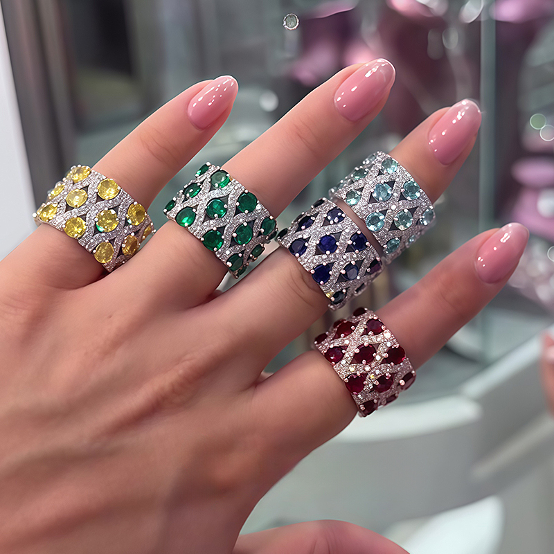 Grid Pattern Multi-Color Sapphire Round Cut Wide Wedding Band