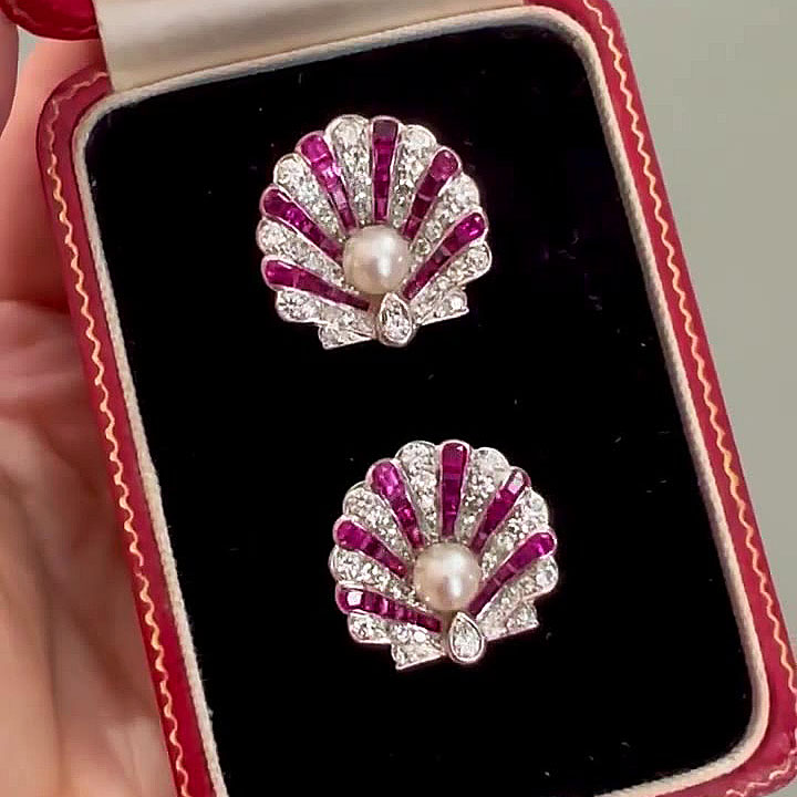Ruby Shell Sapphire Stud Earrings With Pearls