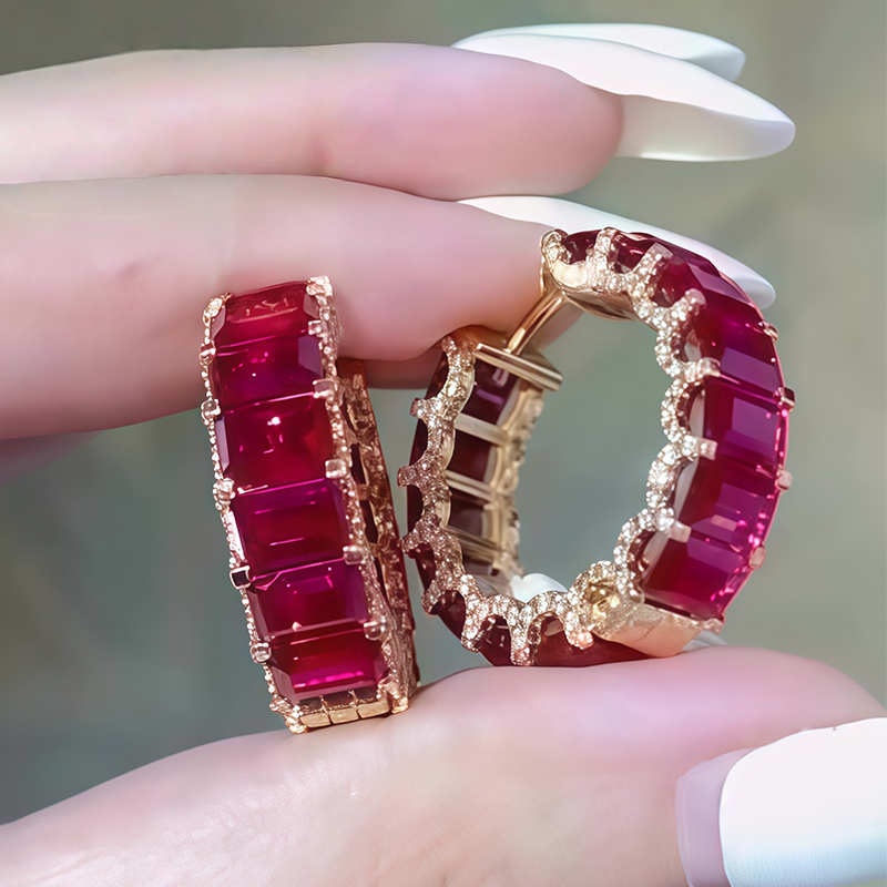 12.00ctw Emerald Cut Vivid Red Ruby & White Sapphire Hoop Earrings