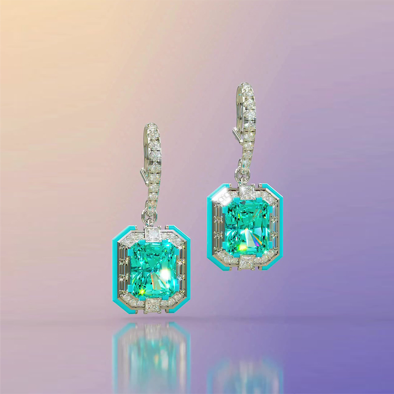 Emerald Cut Paraiba Tourmaline & White Sapphire Drop Earrings