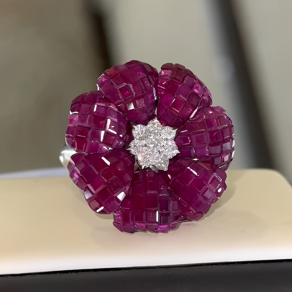 Flower Design 9.6ct Ruby&White Sapphire Cocktail Ring