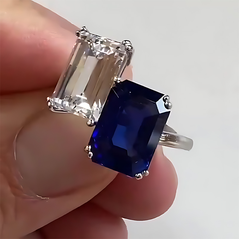 Toi et Moi Emerald Cut Blue & White Sapphire Engagement Ring