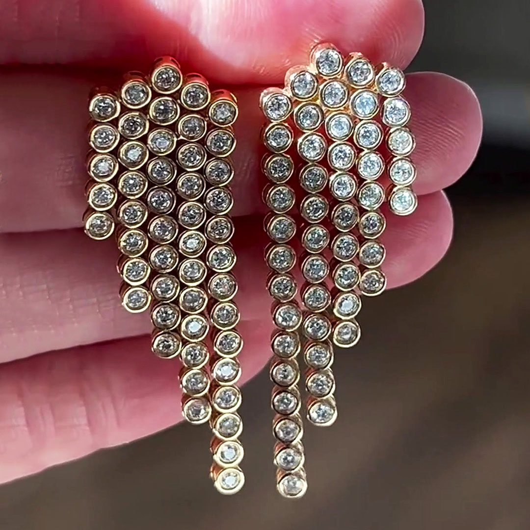 Round Cut Bezel Setting Five Lines Diamond Dangle Earrings